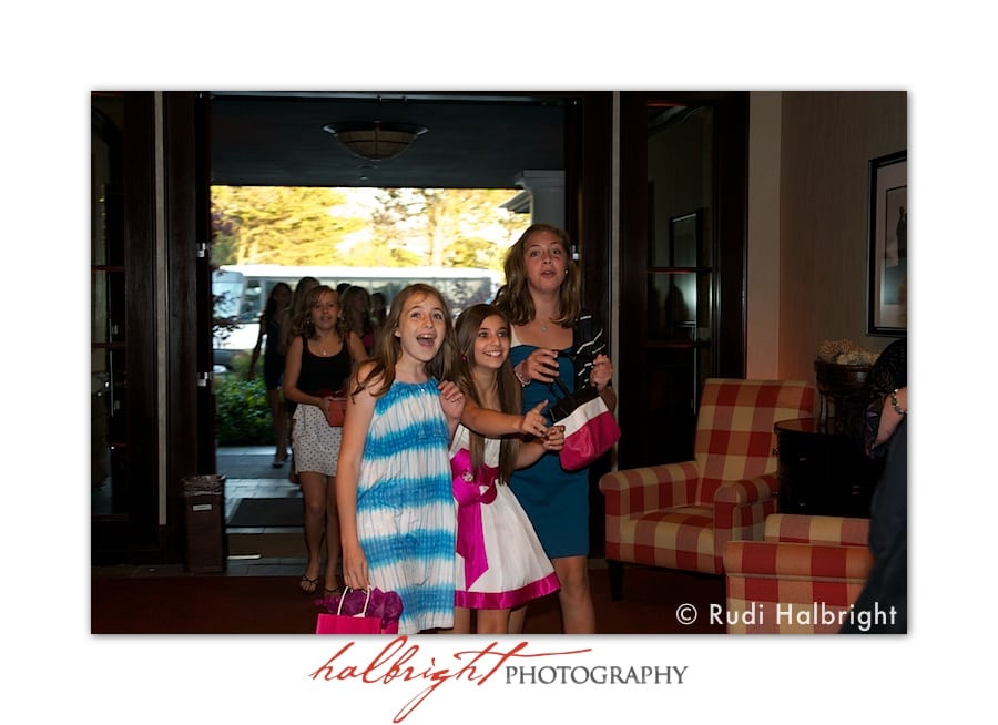 Bat Mitzvah and friends arrive on a bus - Bat Mitzvah party - Lake Merced Golf Club - Daly City