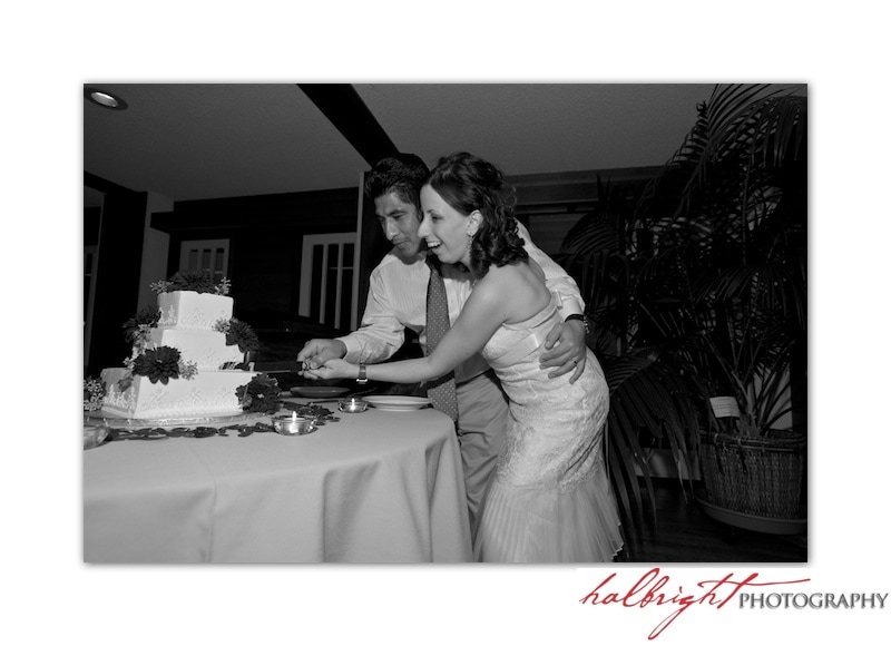 The bride and groom cut the cake together