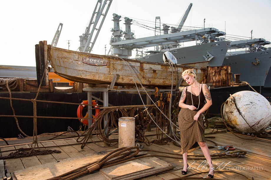 Betty is modeling some vintage clothing on the docks near the U.S.S. Hornet in Alameda, CA