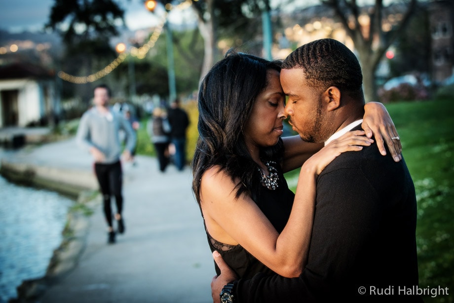 Couple is photographed for their Engagement Portrait near Lake Merritt in Oakland, California | Oakland Portrait Photographer