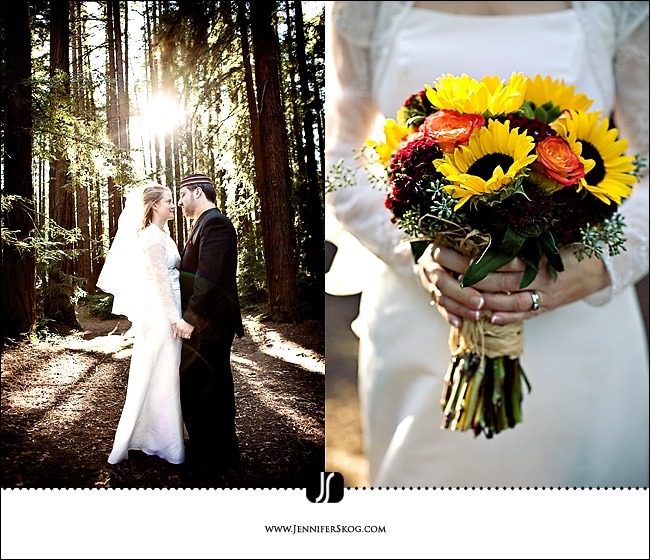 Bride holding bouquet with Sunflowers among redwood trees - Roberts Recreation Area - Oakland