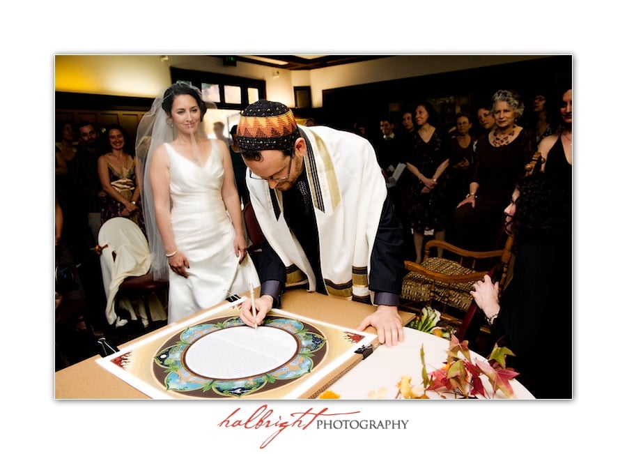 Jon Rosenfield signs ketubah on his wedding day as his wife to be, Nancy Shaw witnesses | Berkeley Faculty Club - UC Berkeley